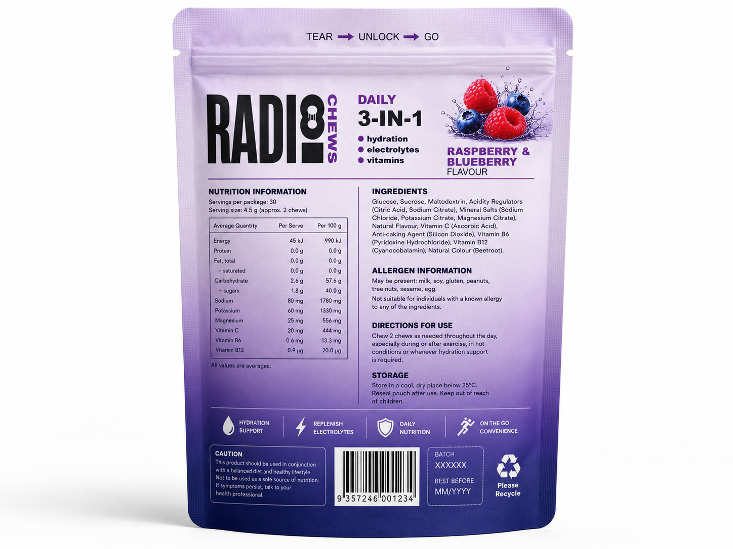 Back of the Raspberry & Blueberry Radi8 pack, showing ingredients and nutrition panel