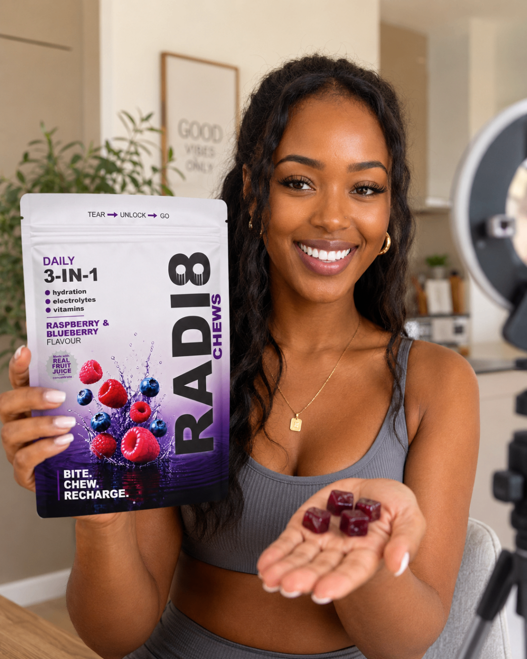 A handful of Radi8 raspberry and blueberry chews