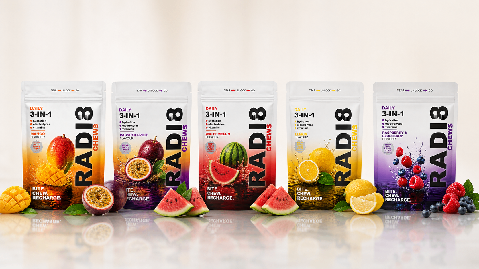 Six Radi8 chew packs lined up