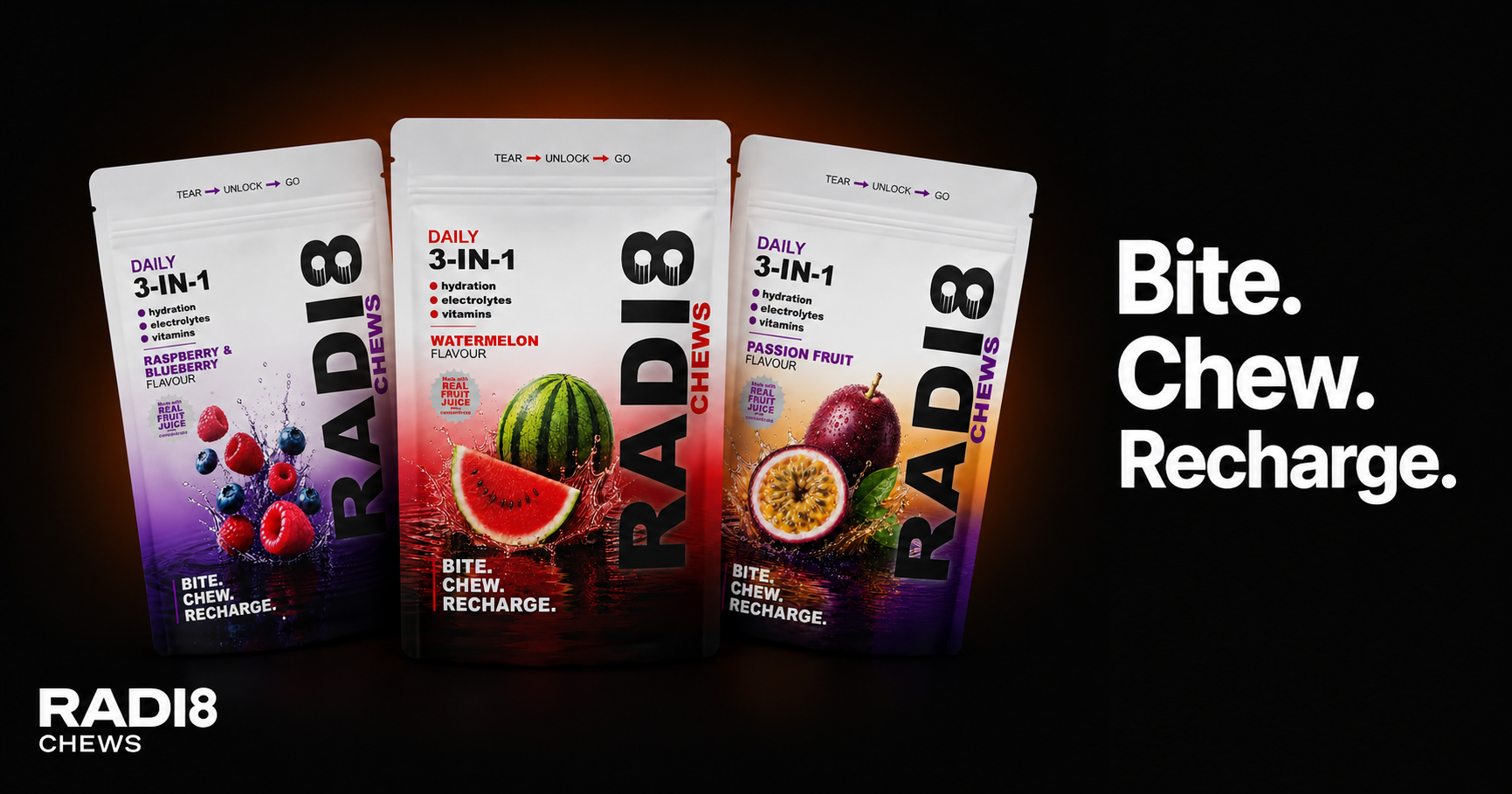 Radi8 Chews line-up: raspberry & blueberry, watermelon, passion fruit