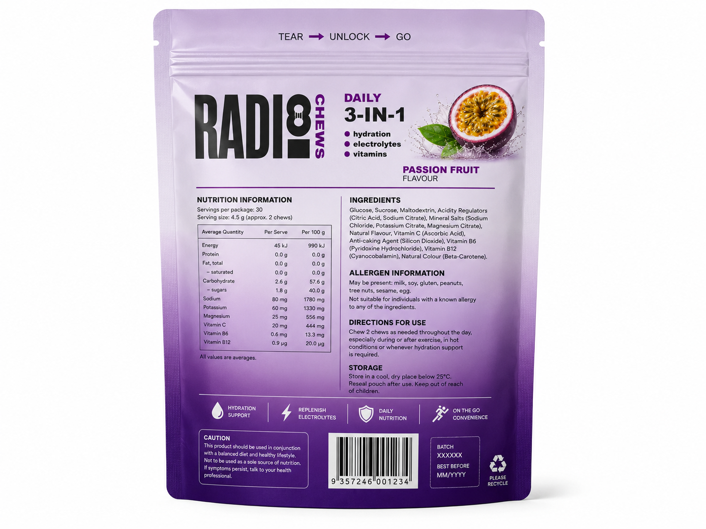 Passion Fruit Radi8 chew pack back with nutrition, ingredients and allergen details