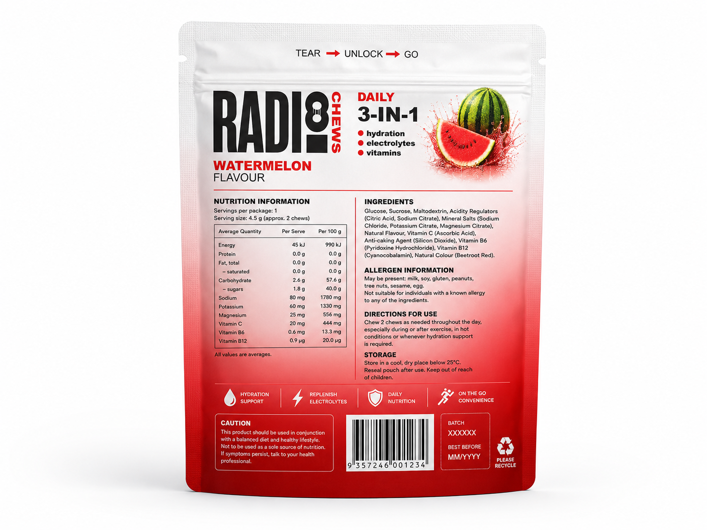 Back of the Watermelon Radi8 pack, showing ingredients and nutrition panel
