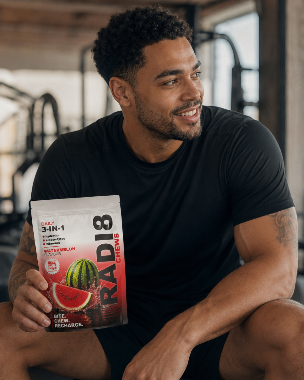 Athlete taking a Radi8 chew after training