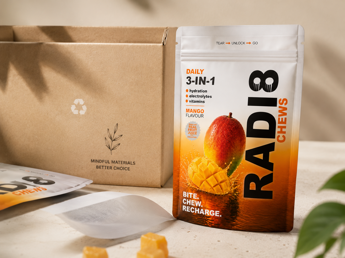 Radi8 mango pack alongside a recyclable kraft mailer marked mindful materials, better choice