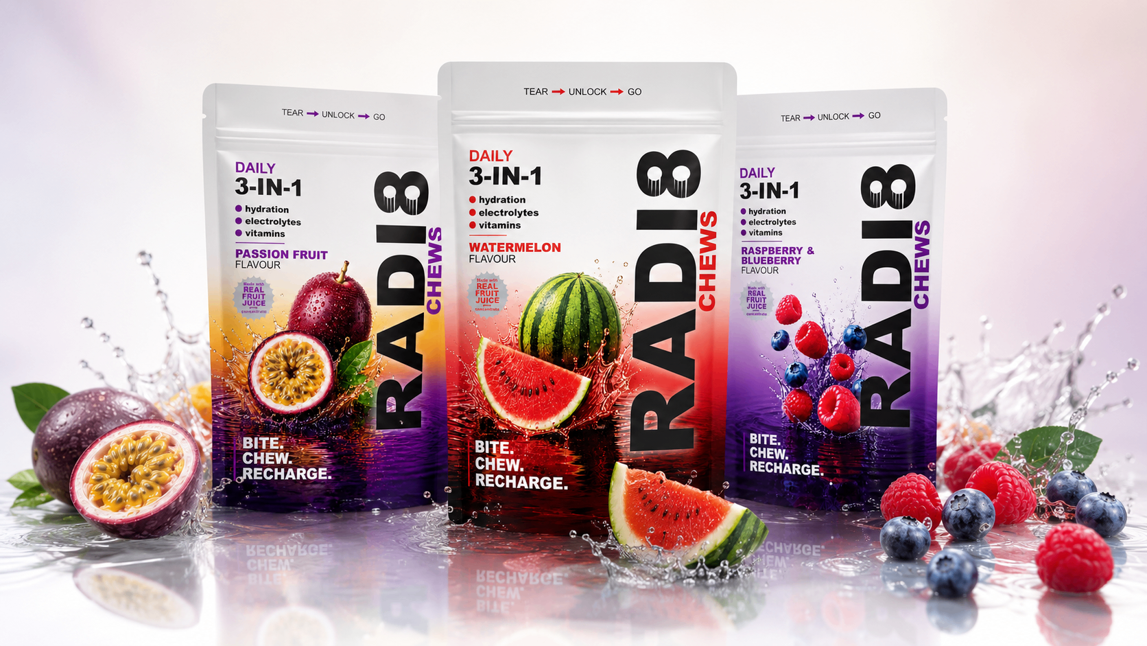 Radi8 Chews launch line-up: passion fruit, watermelon, raspberry and blueberry, mango, lemon