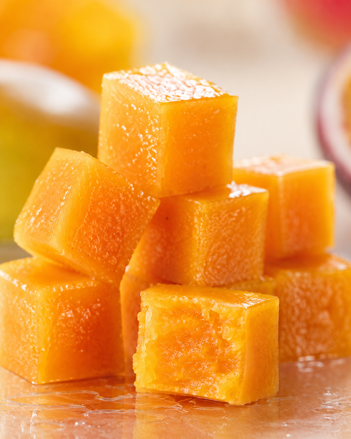 Close up of Radi8 mango chews, soft fruit cubes